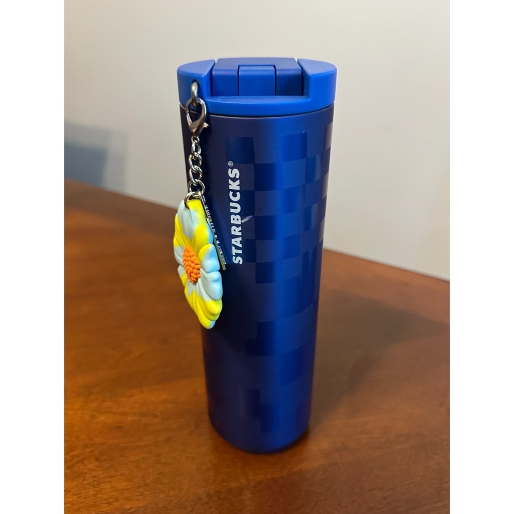 Starbucks Daisy Flower Charm Checker  Sapphire Blue Stainless Steel Tumbler 16oz